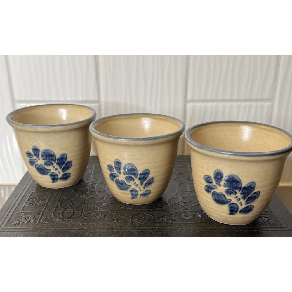 VTG Pfaltzgraff Folk Art Custard Cups Ramekins Blue Floral Stoneware Set 3 EUC